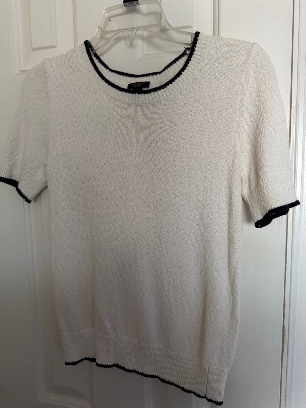 Ann Taylor Factory White Short-Sleeve Knit Top with Black Trim